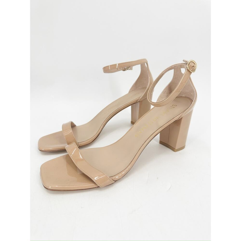 Stuart Weitzman Nudistcurve 75 Block Heel Sandals in Adobe Patent Size 12B